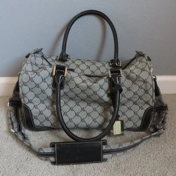 Vintage Ralph Lauren Signature Gray & Black Leather Trim Duffle Carry On Bag - Picture 2 of 9